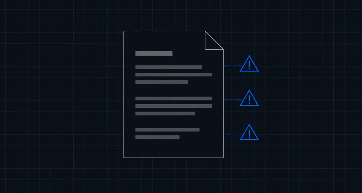 Illustration of a contract document with warning markers highlighting red flags