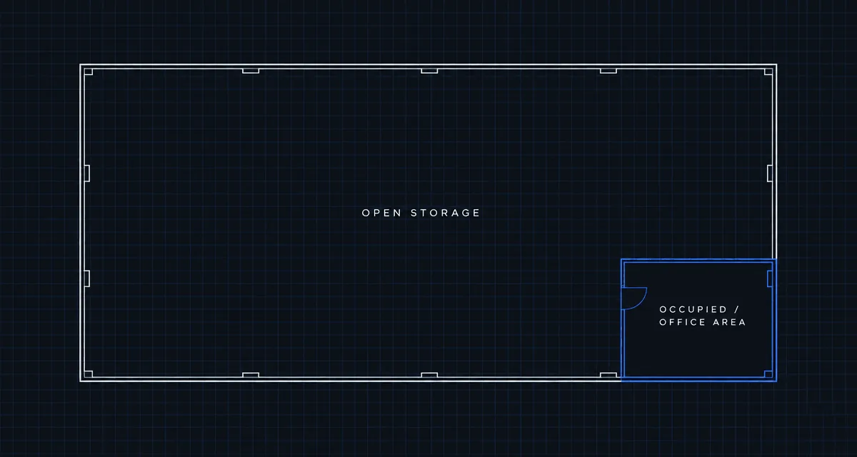 Floor plan diagram distinguishing open warehouse storage space from occupied office area
